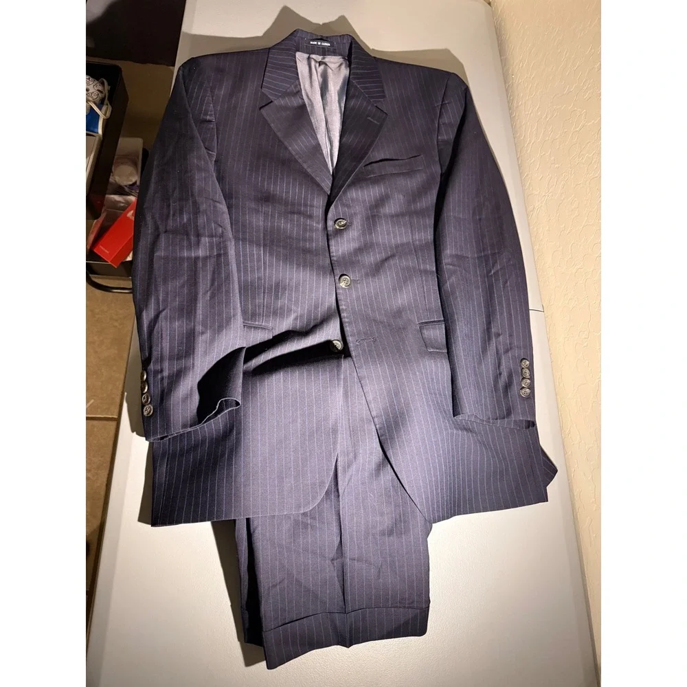 Ralph Ralph Lauren Mens Pinstripe Suit Navy Blue Wool 3 Button Blazer 42R 33x33
